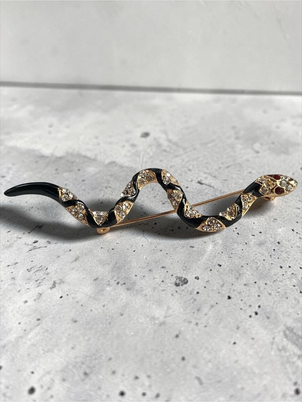 Vintage Gold Tone Black Enamel Slithering Snake Rhinestone Brooch